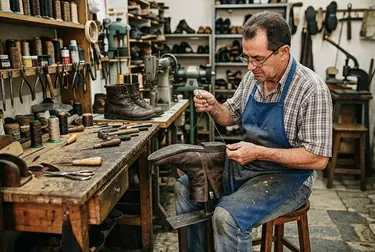 Sapateiro consertando o zíper de uma bota em Araras.