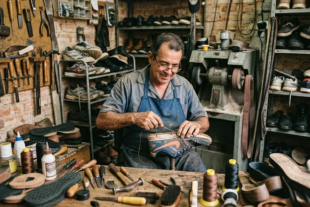 Sapateiro reparando um tênis em Araras.