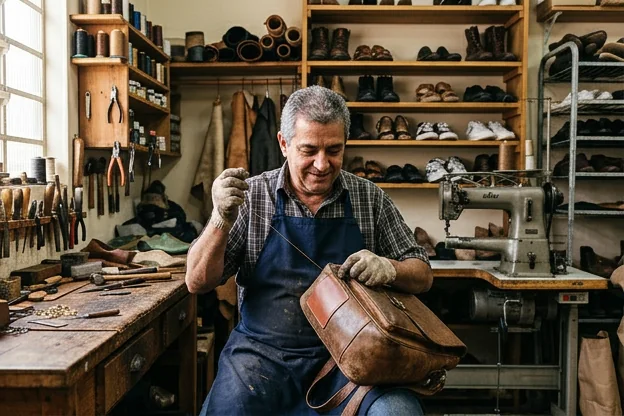 Sapateiro reformando uma bolsa de couro em Araras.