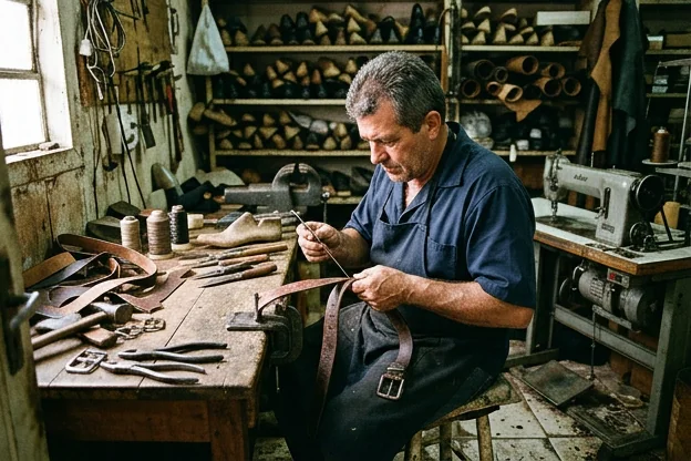 Sapateiro consertando um cinto de couro em Araras.