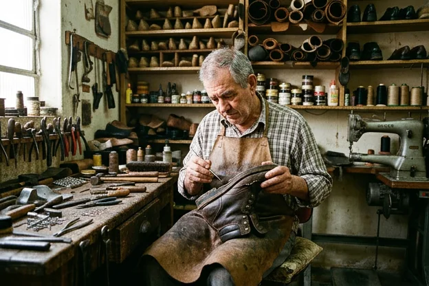 Sapateiro analisando um calçado danificado em Araras.